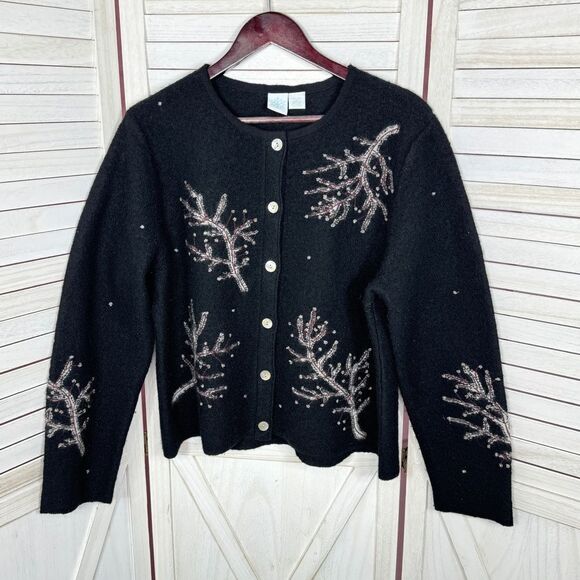 Frost Hand Knit Iced Tree Branches Beaded Wool Cardigan Sweater Black Large - Picture 7 of 11